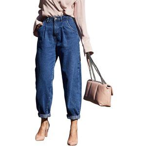 Women High Waisted Wide Leg 90s Boyfriend Cropped Pants Denim Ankle Jeans-Blue